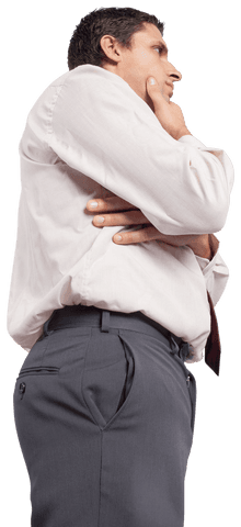 Transparent businessman considering strategy with hand on chin