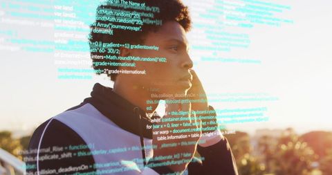 Man exercising with data overlay listening to music concept
