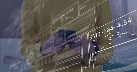 Woman using smartphone with holographic AR interface and floating data overlay in office