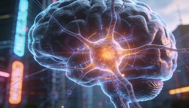 Glowing translucent brain with radiant neuron core and holographic data rings neon ai