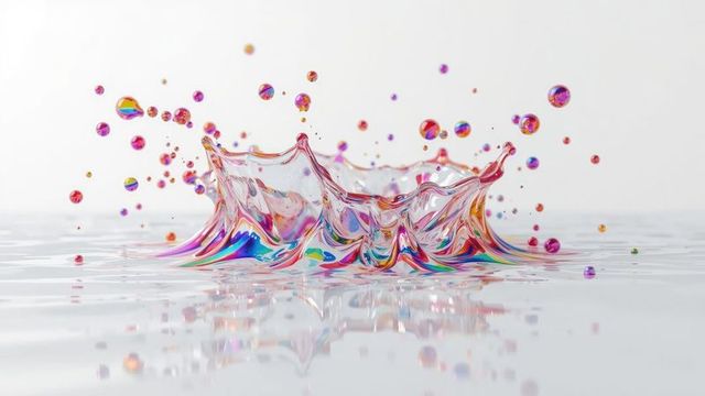 Vibrant rainbow liquid splash with dynamic droplets