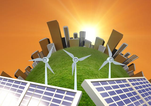 This image depicts a modern city powered by renewable energy sources such as solar panels and wind turbines, set against a vibrant sky. Ideal for illustrating concepts related to green energy, sustainability, and eco-friendly urban development. Suitable for use in environmental campaigns, educational materials, and presentations on renewable energy solutions.