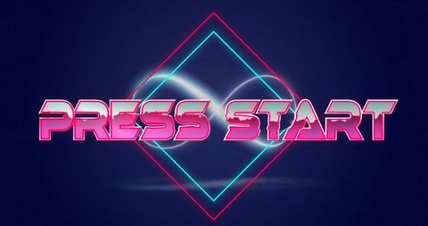Retro neon press start with geometric background