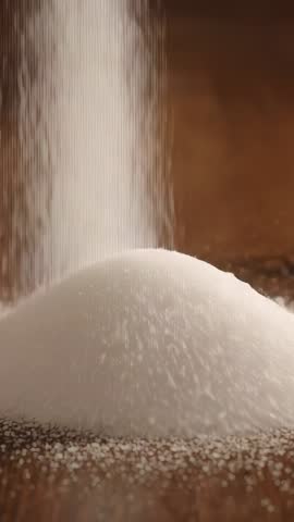 Pouring Granulated Sugar from Offscreen Sifter Forming Fine Cone on Wooden Table