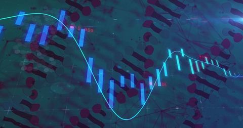 Cyan Data Wave with Blue Candlestick Chart and Magenta Molecular Helix Overlay