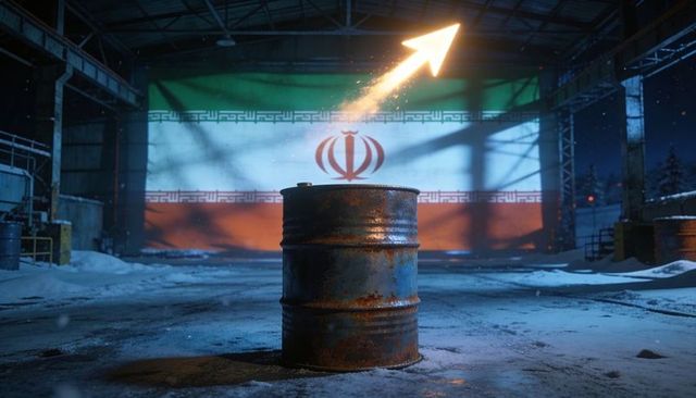 Rusty barrel standing in snowy hangar, rocket launch illuminating iranian flag backdrop