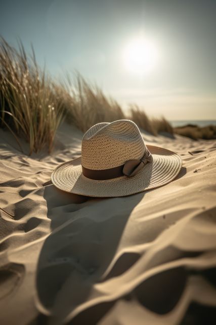 Straw hat sits on sandy beach, bathed in warm light from the setting sun. Tall grass grows on dunes in background. Ideal for conveying summer holiday, beach vacation themes or product promotions involving beachwear or sun protection. Can be used in travel brochures, vacation advertisements, lifestyle blogs, and summer fashion displays.