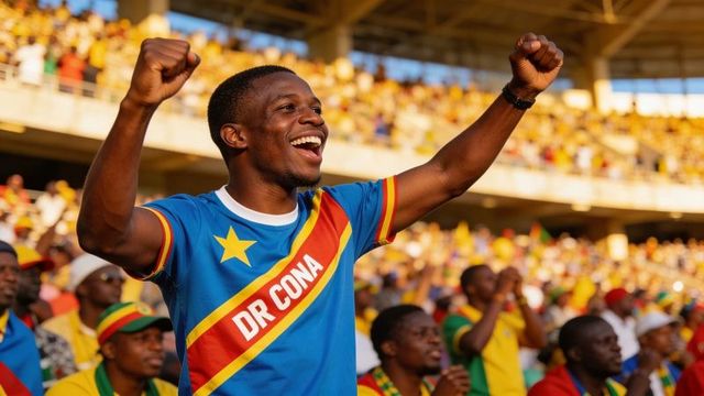 Joyful male fan wearing dr cona jersey raising fists and celebrating in packed stadium
