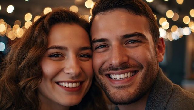 Young Couple Smiling Closeup with Warm Bokeh String Lights Romantic Cafe Intimate Portrait
