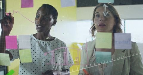 Female colleagues brainstorming on glass board with sticky notes, markers and charts