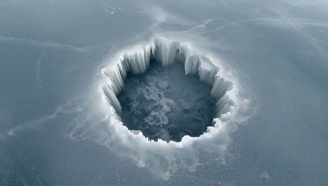 Aerial circular ice chasm with serrated icicle walls and powder-snow rim on frozen lake
