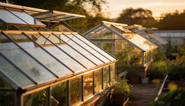 Sunlit glass greenhouses with open vents and potted plants along gravel path