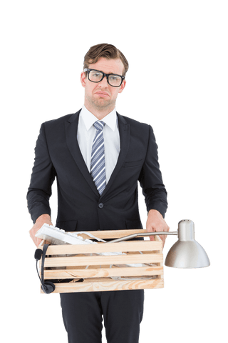 transparent geeky businessman holding box of office belongings - Download Free Stock Videos Pikwizard.com