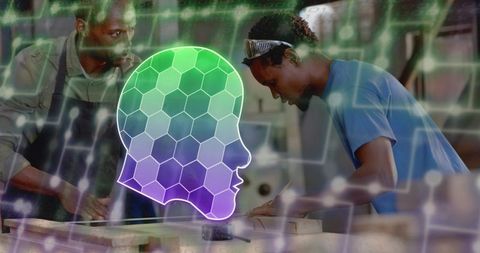 Apprentice marking wooden plank with mentor guiding and ai head overlay