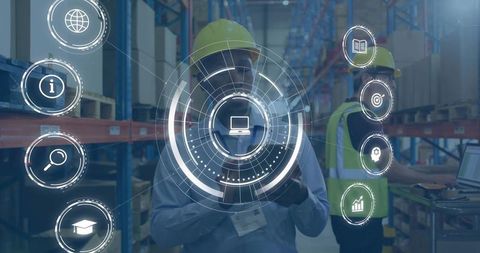 Warehouse worker scanning with tablet and AR dashboard in industrial logistics hub