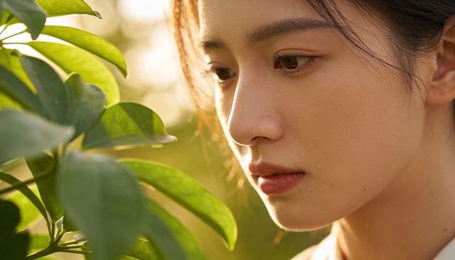 Contemplative asian woman gazing at lush green leaves during golden hour backlit portrait