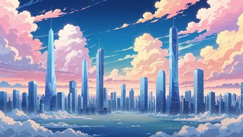 Futuristic anime skyscrapers rise above dreamlike clouds at dusk