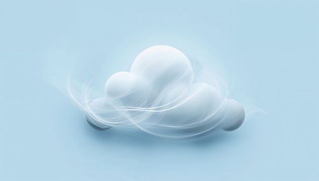 Ethereal floating cloud with glowing halo and wispy streaks on pastel blue backdrop