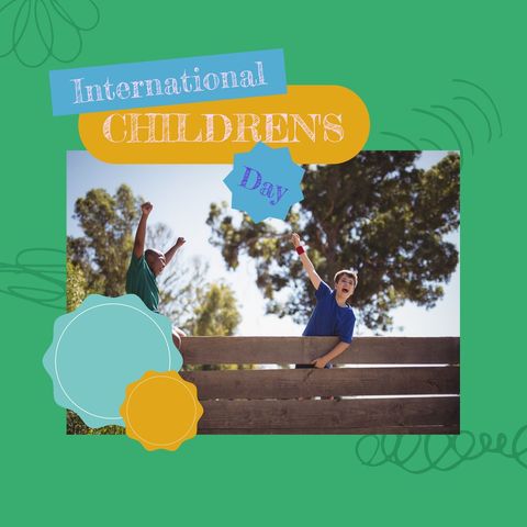 two boys are enthusiastically celebrating international children's day while perched on a fence, surrounded by nature. the image reflects themes of joy, friendship, and multicultural harmony, suitable for use in educational materials, awareness campaigns for children's rights, and diversity-themed promotions.