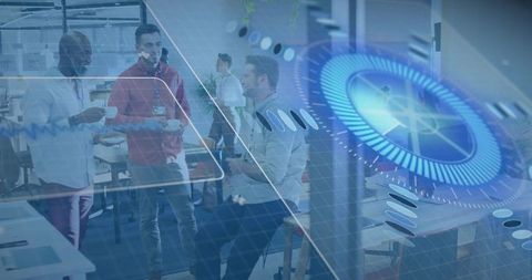 Collaborative startup team brainstorming in open office with futuristic hud interface