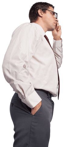 Transparent Businessman Touching Glasses in Contemplation