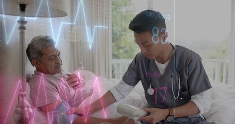 Doctor Checking Blood Pressure in Hospital Room with Heart Rate Graphics
