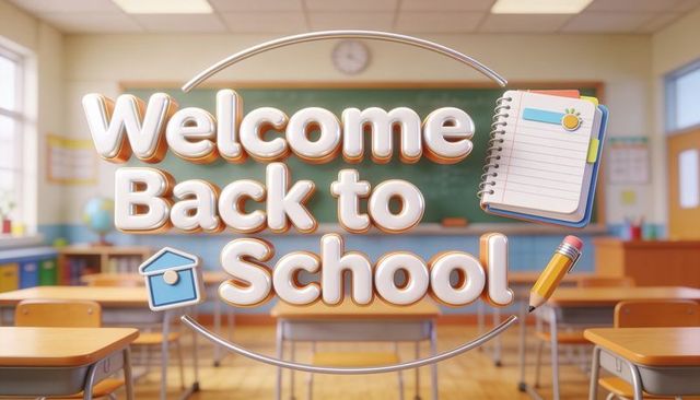 3d welcome back to school classroom graphic showing notebook and pencil