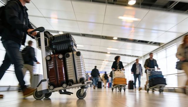 Traveler pushing luggage trolley with hard-shell suitcases through airport concourse