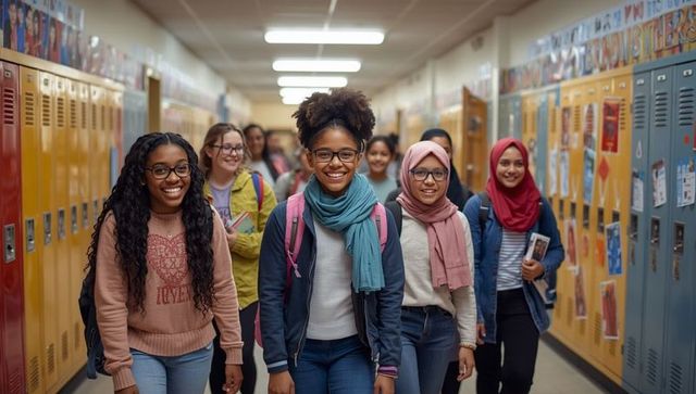 Diverse Group of Students Walking in School Hallway Smiling