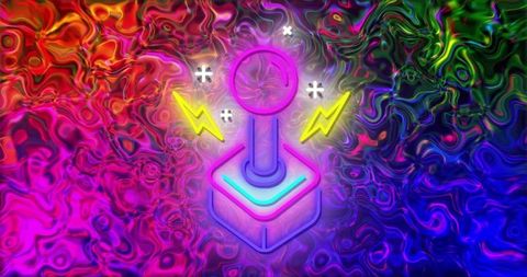 Vibrant neon joystick with lightning on colorful swirling background