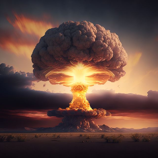This powerful and dramatic image captures a massive atomic explosion with a distinctive mushroom cloud rising in a desert landscape at sunset. Ideal for illustrating concepts related to nuclear energy, explosion impacts, or science fiction themes. Suitable for use in educational materials, news articles, movie posters, or environmental campaigns.