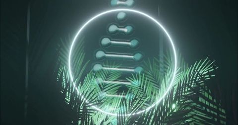 Glowing Neon Ring Hovering Over Palm Fronds with Pixel LED Backlight, Moody Cyan Teal Art