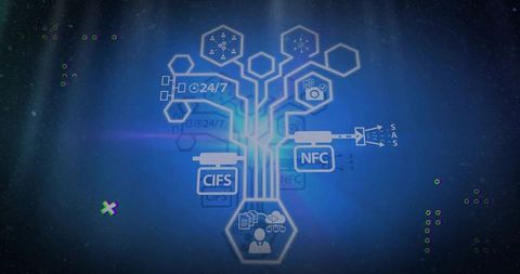 Futuristic circuit tree connecting user hexagon to servers with CIFS NFC SAS 24/7 glyphs