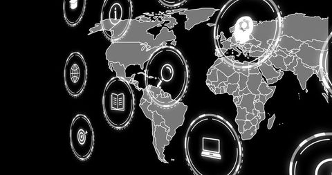 Digital world map with innovative icons and data visualizations