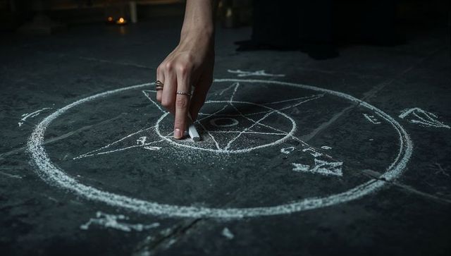 Hand drawing chalk pentagram for mysterious ritual on stone floor