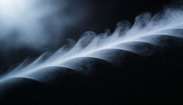 Flowing luminous vapor plume tracing diagonal arc with backlit curling ridges and soft glow