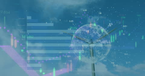 Futuristic Wind Turbine with Data Overlay and Digital Charts
