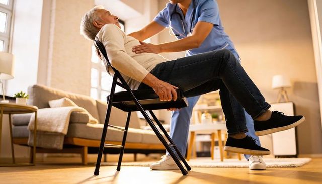 Caregiver assisting senior during safe transfer on folding chair in bright living room