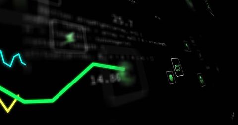 Neon green data line rising on futuristic virtual dashboard with glowing analytics icons
