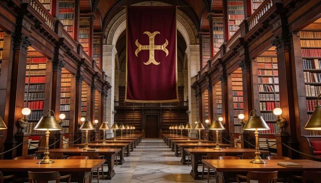 Grand historic library reading room with maroon banner, brass lamps and wooden reading desks