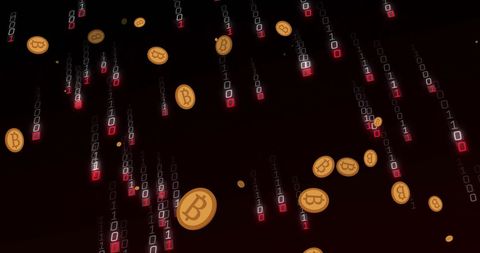 Bitcoin falling with binary code, symbolizing digital cryptocurrencies
