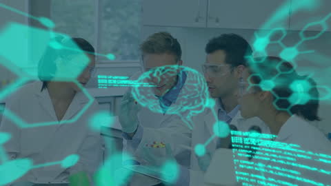 Diverse Scientists Analyzing Data with Medical Technology Interface