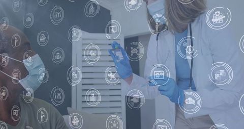 Healthcare Worker Administering Vaccine at Home with User Interface Icons