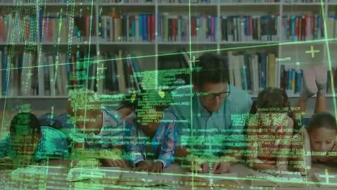 Children and Teacher Reading in Library with Digital Code Overlay