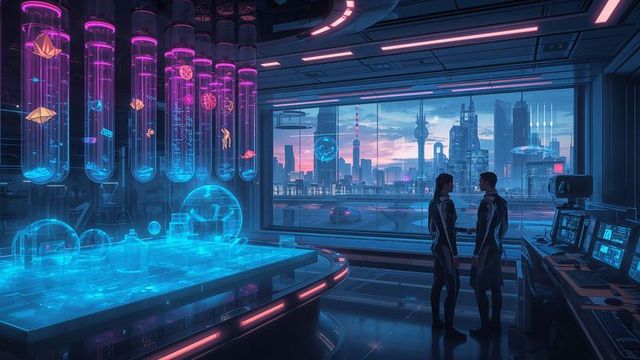 Futuristic Scientists Analyze Holographic Data in Advanced Lab