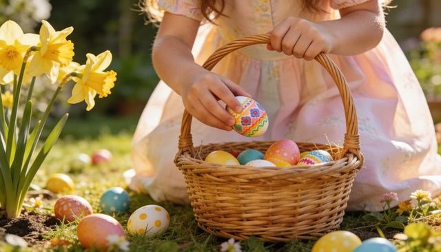 Child gathering colorful easter eggs in wicker basket with daffodils in sunlit springtime garden