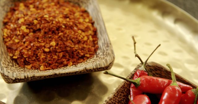 A wooden scoop holds crushed red pepper flakes next to fresh red chili peppers on a metallic surface, with copy space. Spices like these are essential in many cuisines for adding heat and enhancing flavor.