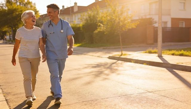 Senior woman walking with male nurse in scrubs on sunlit suburban street, smiling