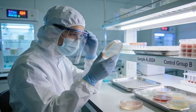 Scientist Examining Petri Dish in Biosafety Cleanroom Laminar Flow Hood Wearing Full PPE