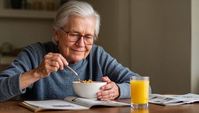Senior woman enjoying breakfast cereal and orange juice while reading magazine at table